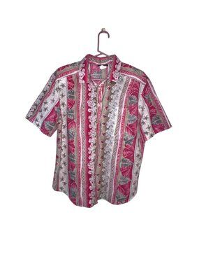 Tropitry Mens Floral & Leaf Print Button-Up Short Sleeve Shirt Red & Beige X-Lar